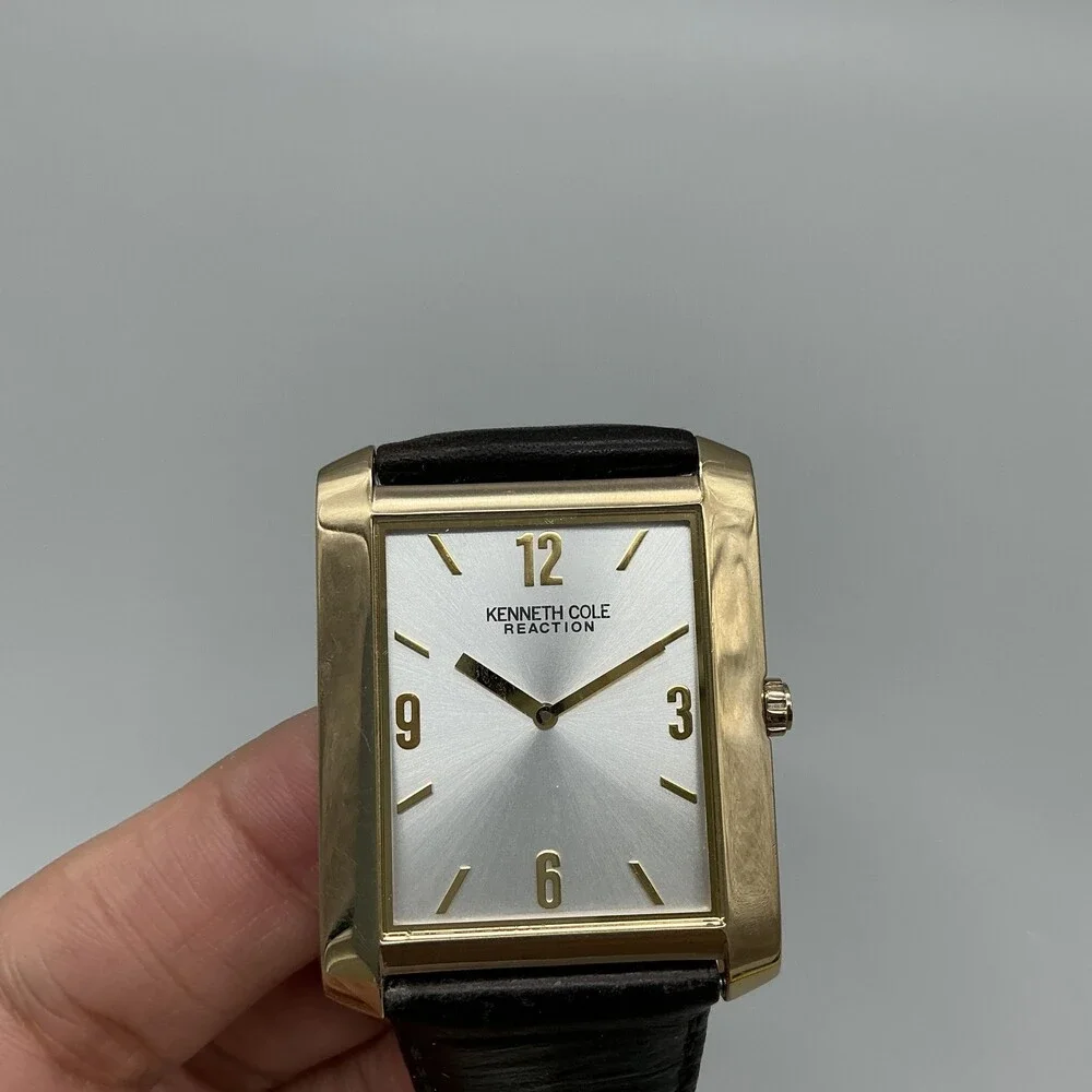 Kenneth Cole Reaction Mens Watch 33mm Silver Gold Tone Black Leather New Battery